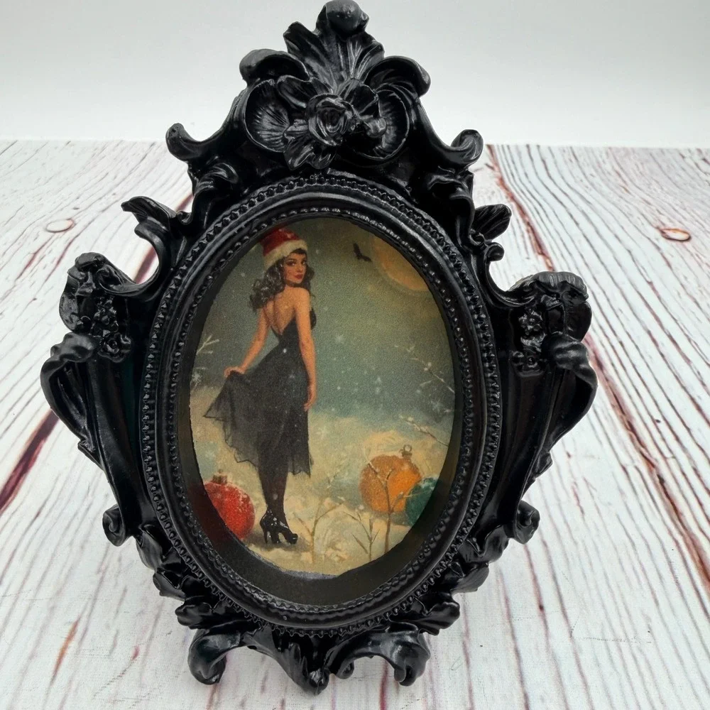 Vintage Pinup Girl Christmas Art Black Ornate Resin Frame Decoupage